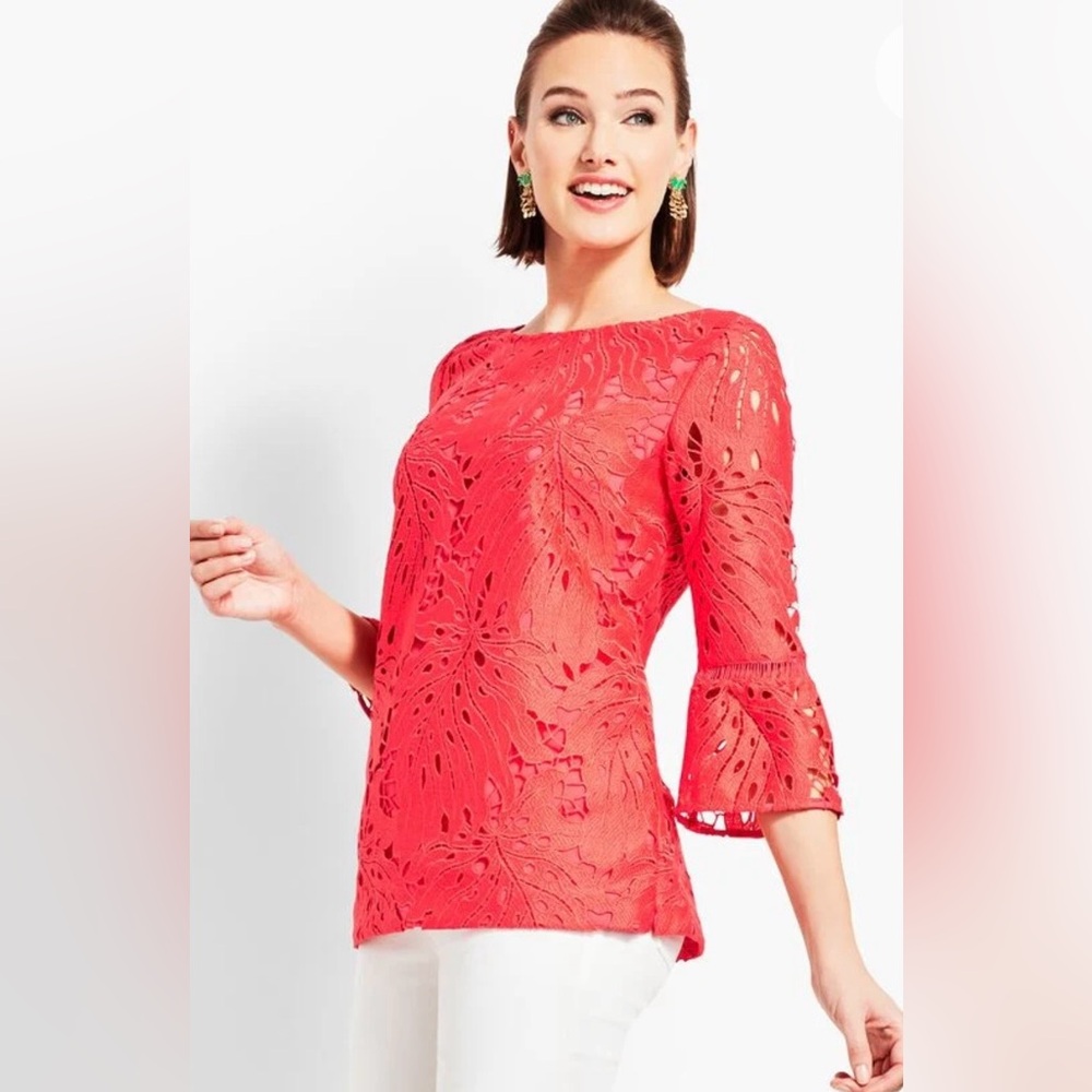 RSVP by Talbots Leaf-Lace Flounce Sleeve Top in Coral Size Small
